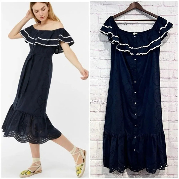 Monsoon Off The Shoulder Embroidered Maxi‎ Dress Cotton Navy Ruffle Size Large - Picture 1 of 11